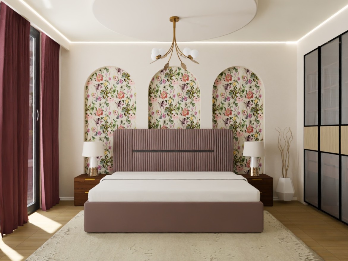 Bedroom with floral walls and red curtains - Beautiful Homes