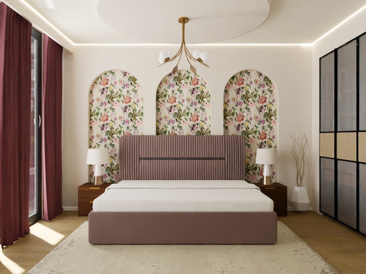 Bedroom with floral walls and red curtains - Beautiful Homes
