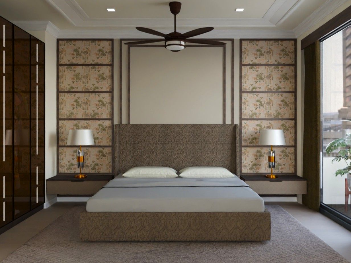 Modern bedroom with floral wall and sliding wardrobe - Beautiful Homes