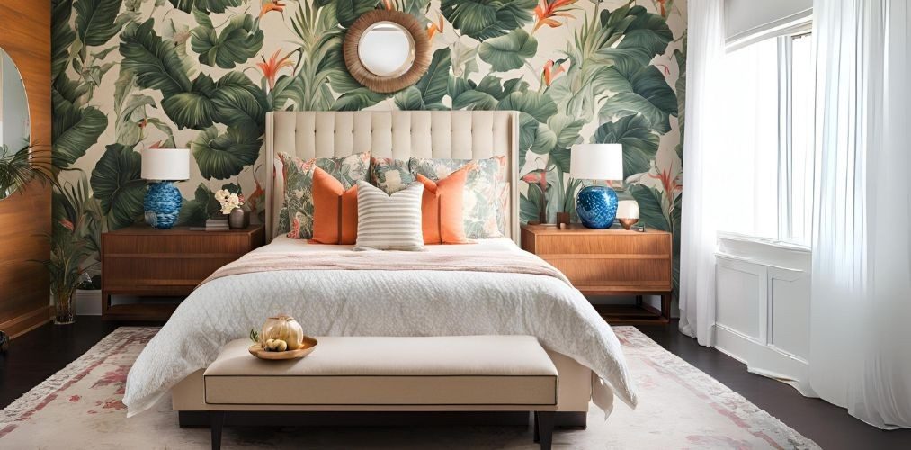 Eclectic master bedroom with tropical wallpaper and beige headboard - Beautiful Homes