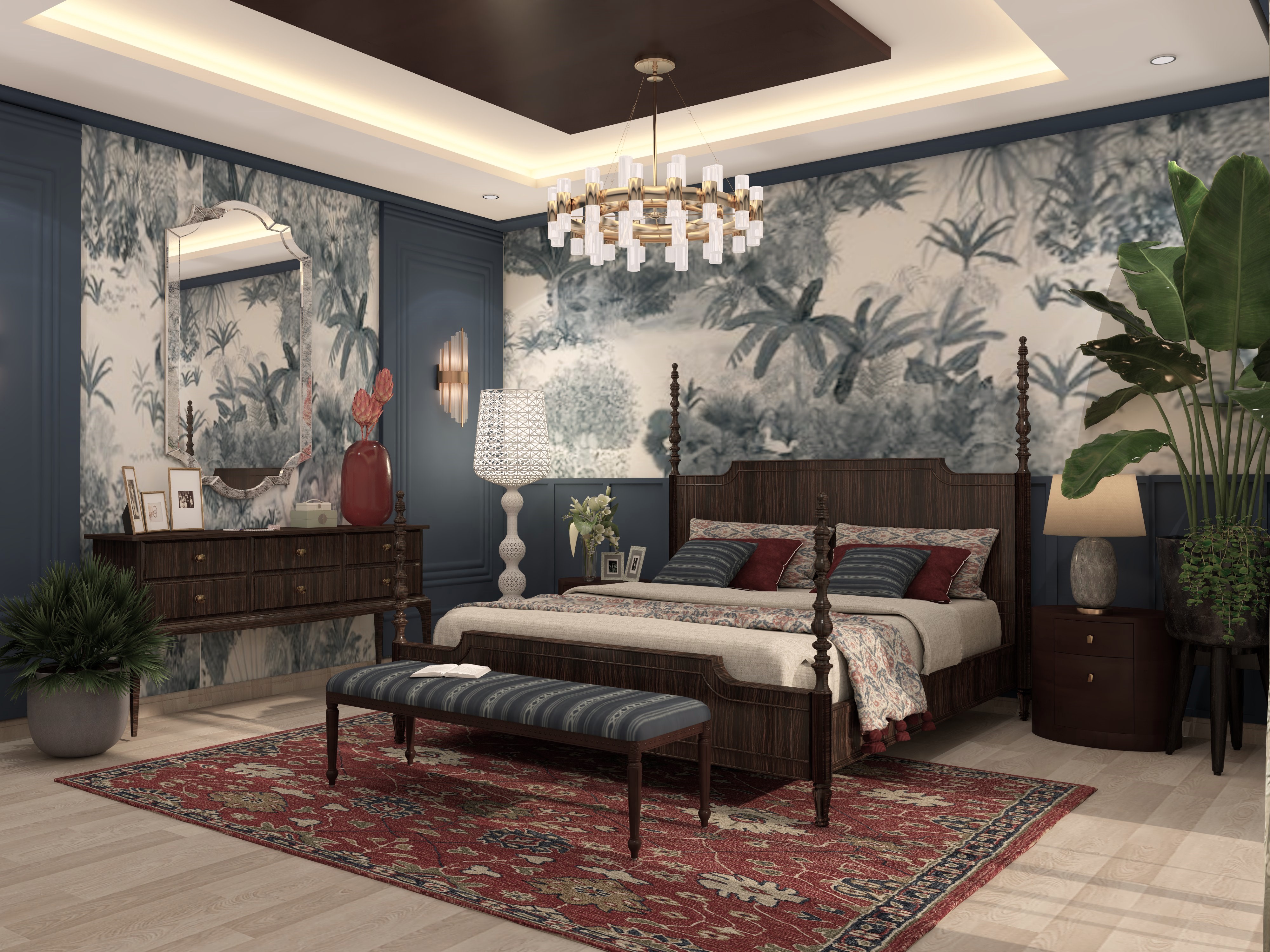 Bedroom with floral wallpaper and wooden bed - Beautiful Homes
