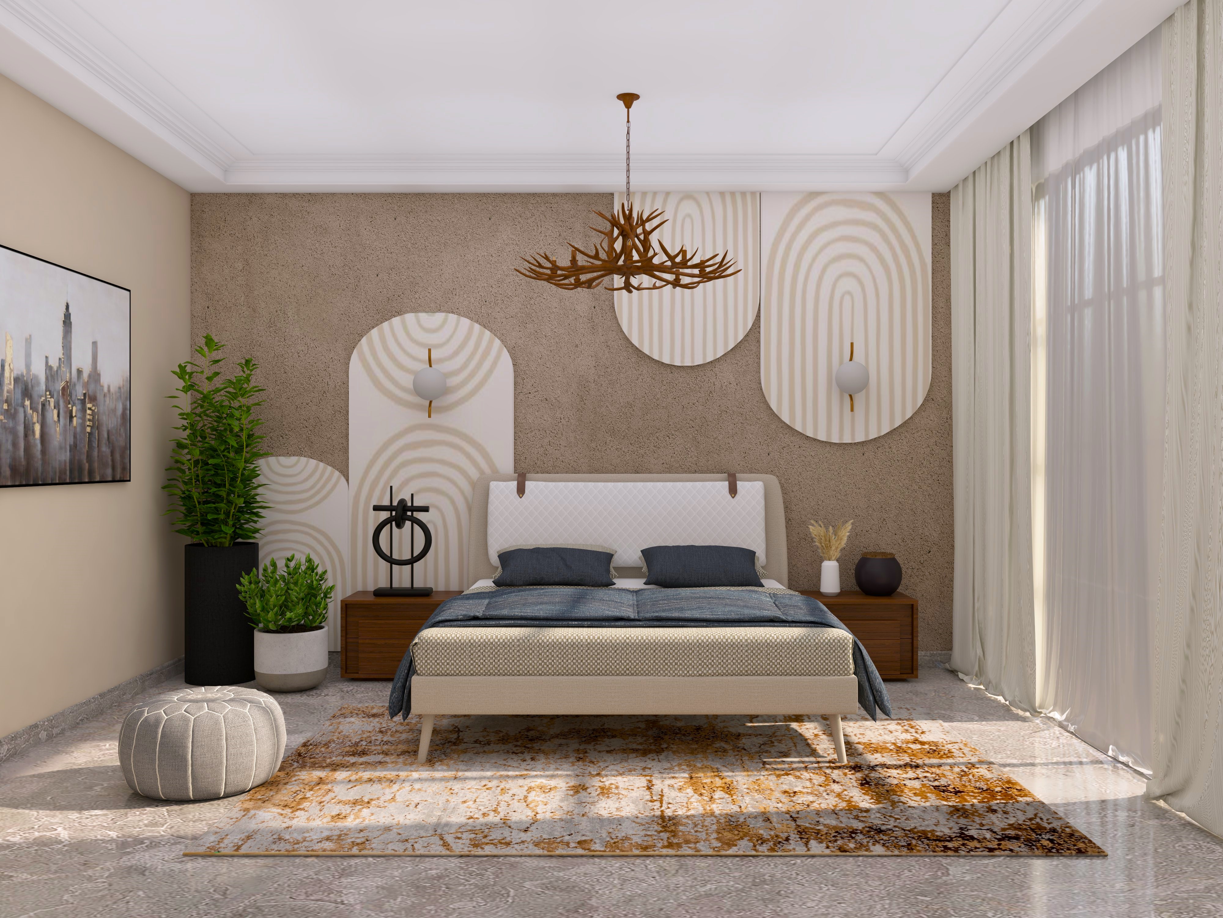 Eclectic style bedroom with wooden side tables and white teak lights - Beautiful Homes