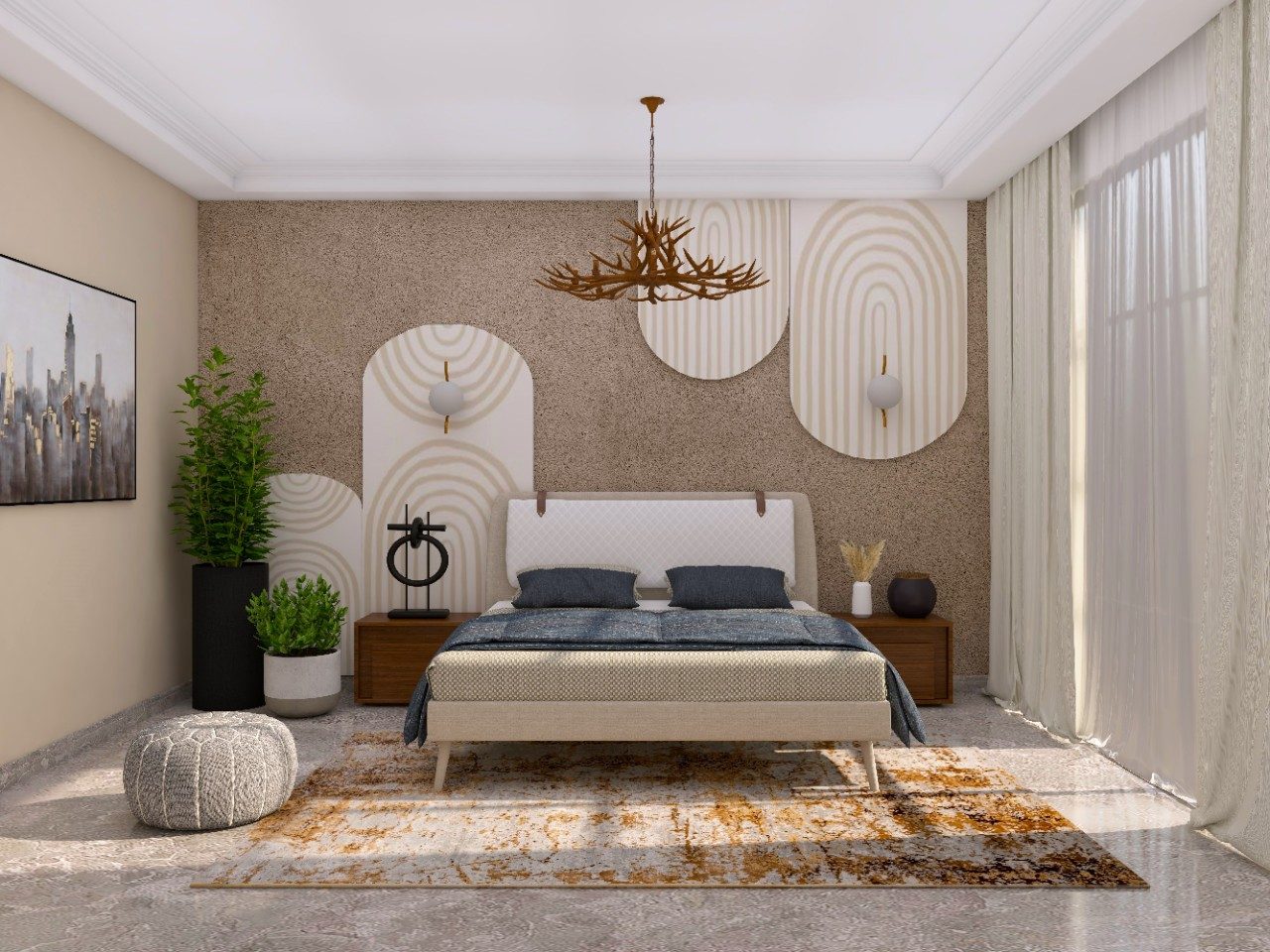 Eclectic style bedroom with wooden side tables and white teak lights - Beautiful Homes