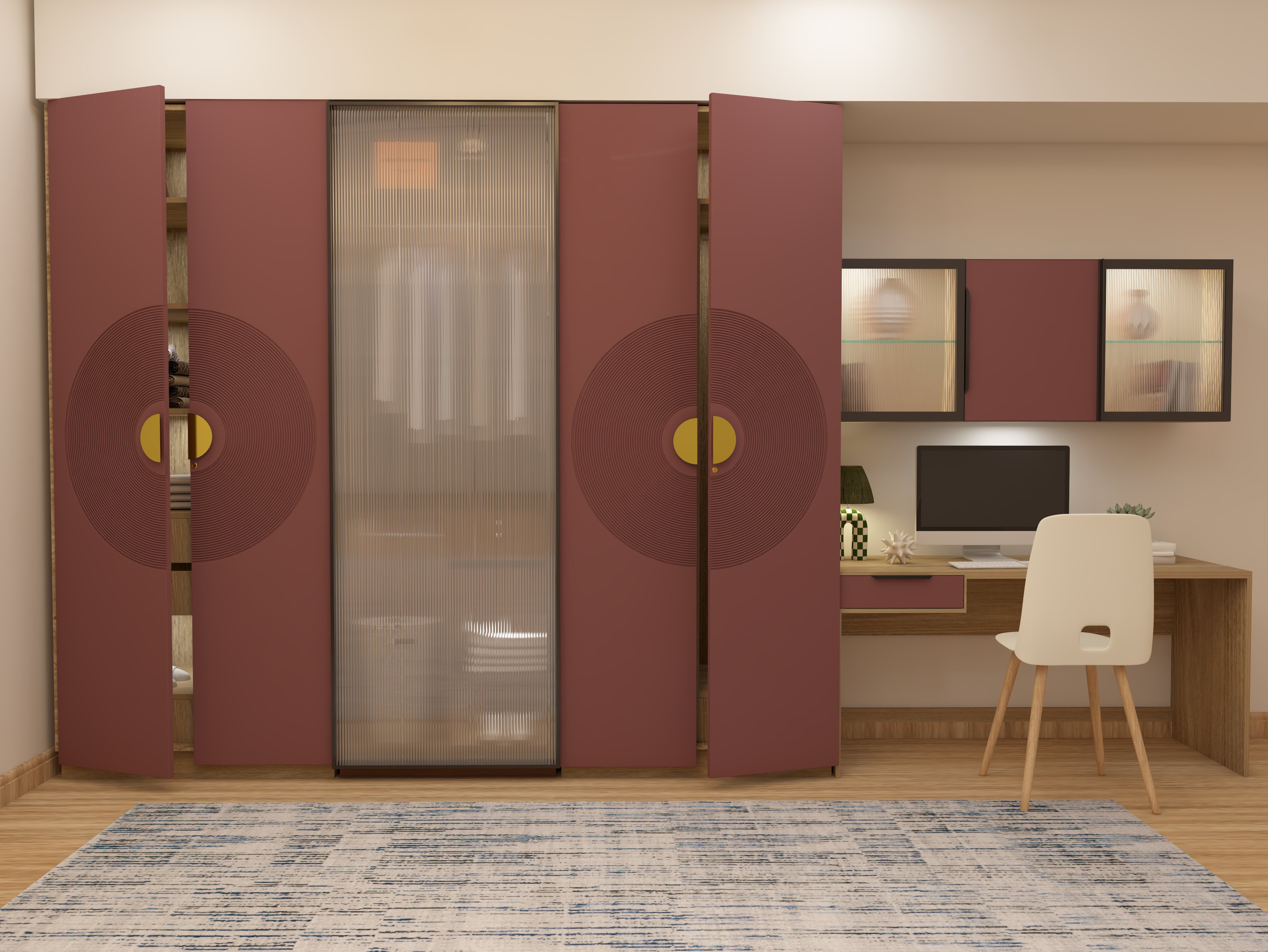 Wardrobe with glass panel and attached study table - Beautiful Homes