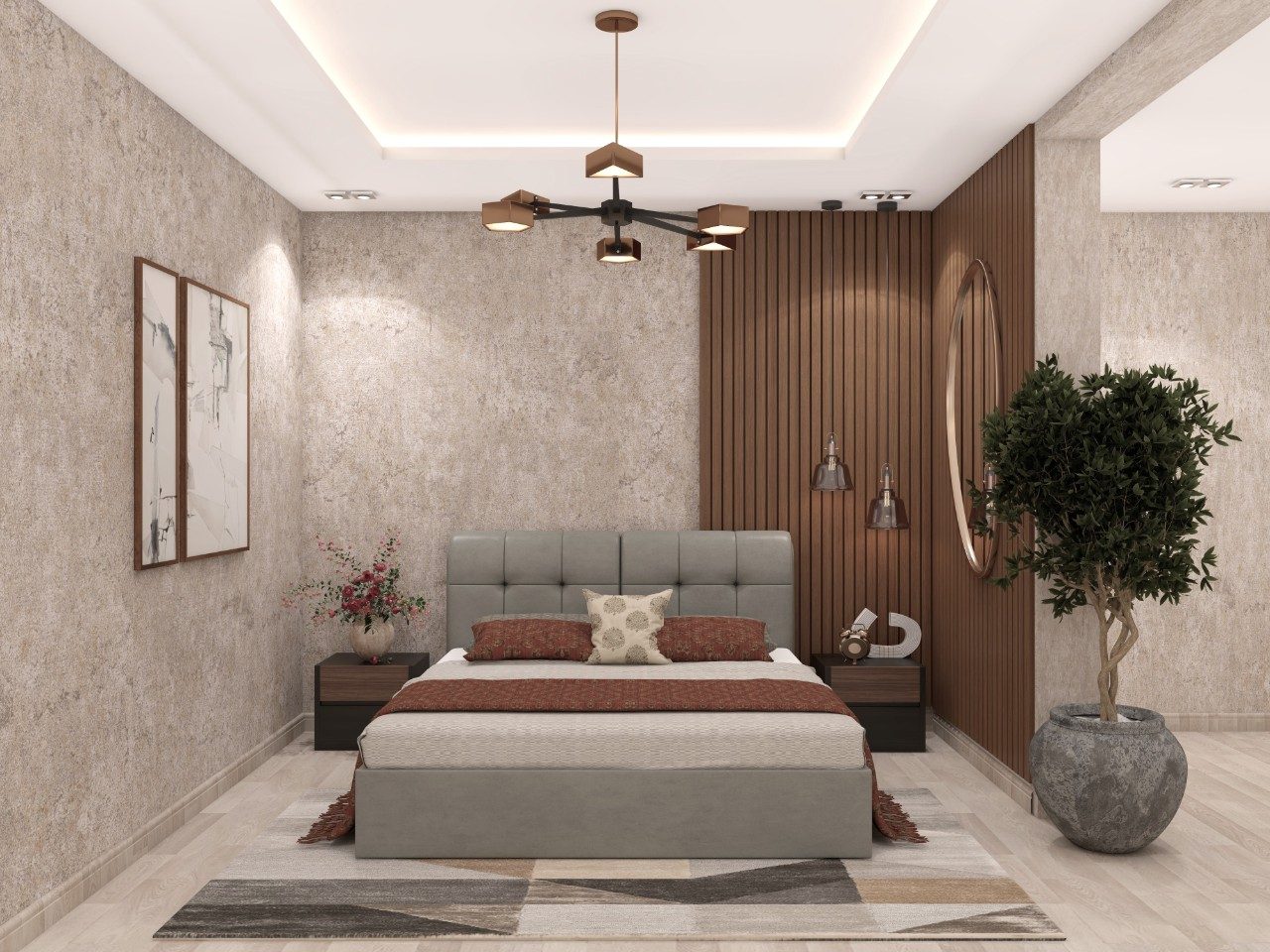 Modern bedroom with grey bed and wooden wall panel - Beautiful Homes