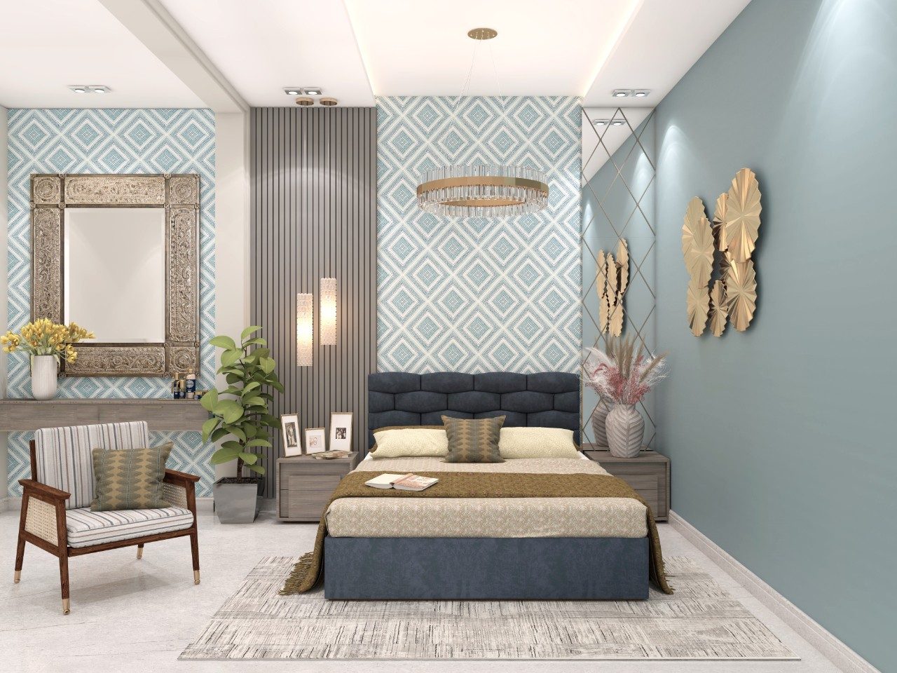 Modern bedroom with blue accent wall - Beautiful Homes