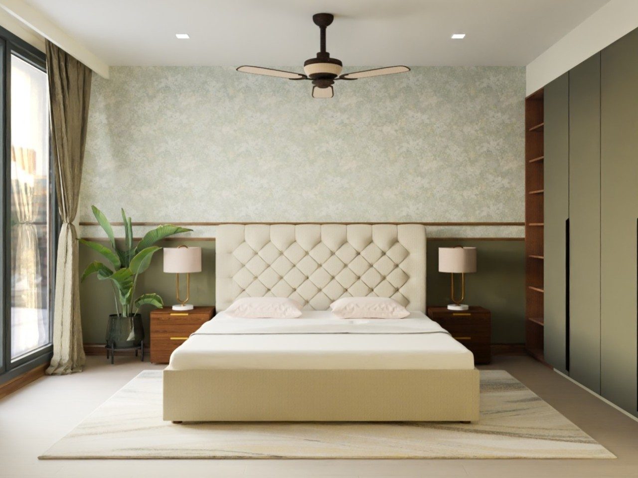 Modern bedroom with beige bed and green accents - Beautiful Homes