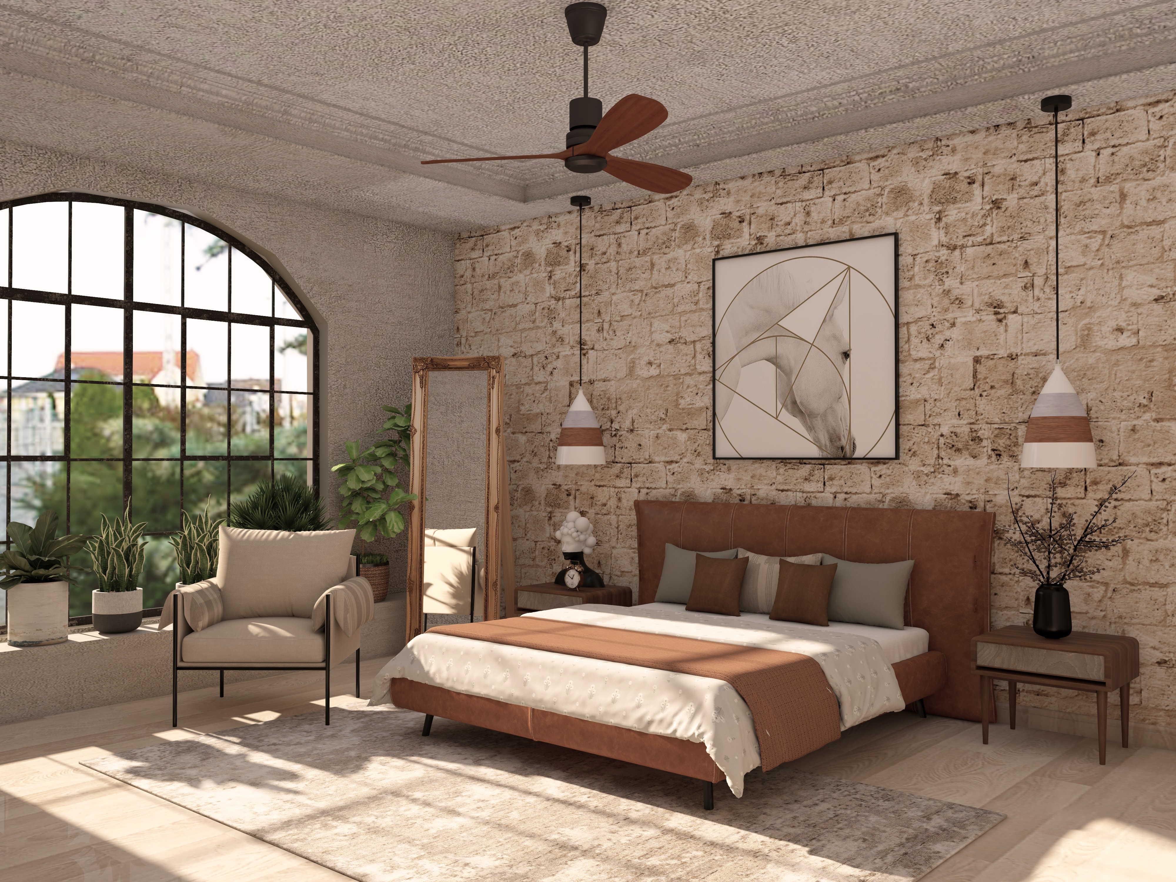 Cozy bedroom with rustic wall and natural light - Beautiful Homes