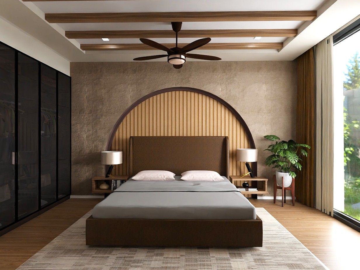 Stylish bedroom featuring an arched headboard, wooden accents, and natural lighting - Beautiful Homes