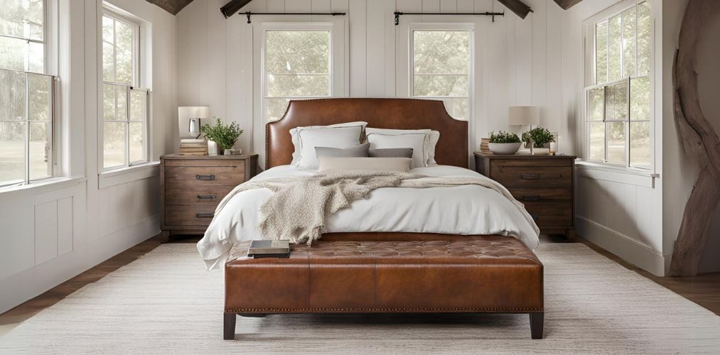 Farmhouse style bedroom with leather upholstered doubled bed - Beautiful Homes