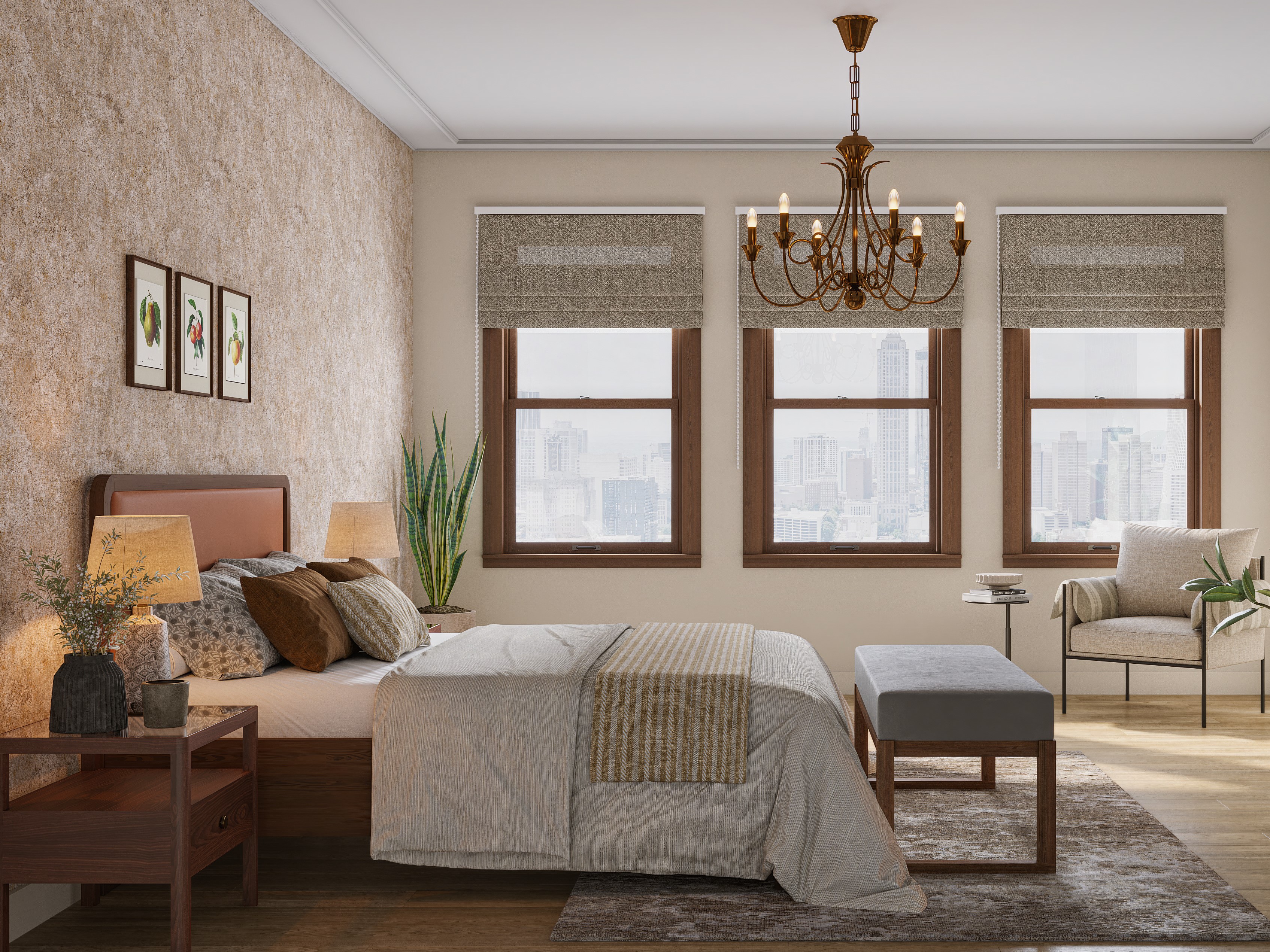 Modern bedroom with neutral tones and wooden décor - Beautiful Homes