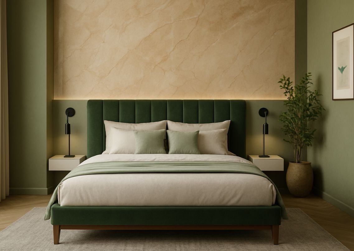 Modern bedroom with green bed and beige wall - Beautiful Homes