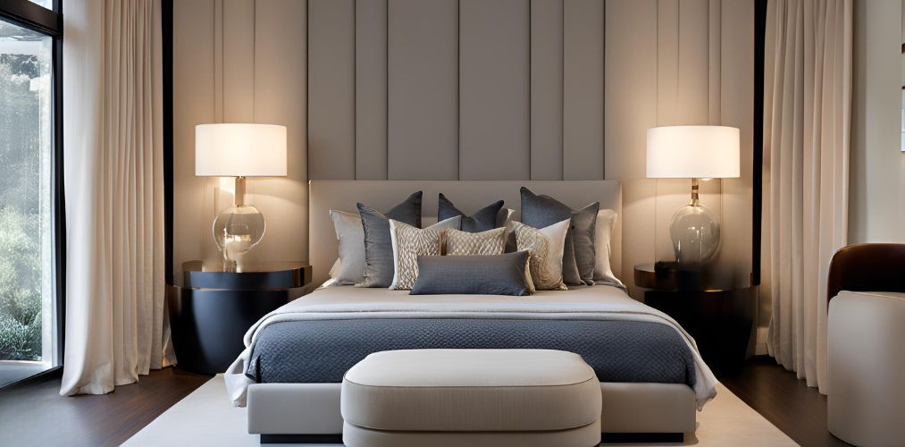 Grey and beige modern bedroom with upholstered bed panel - Beautiful Homes