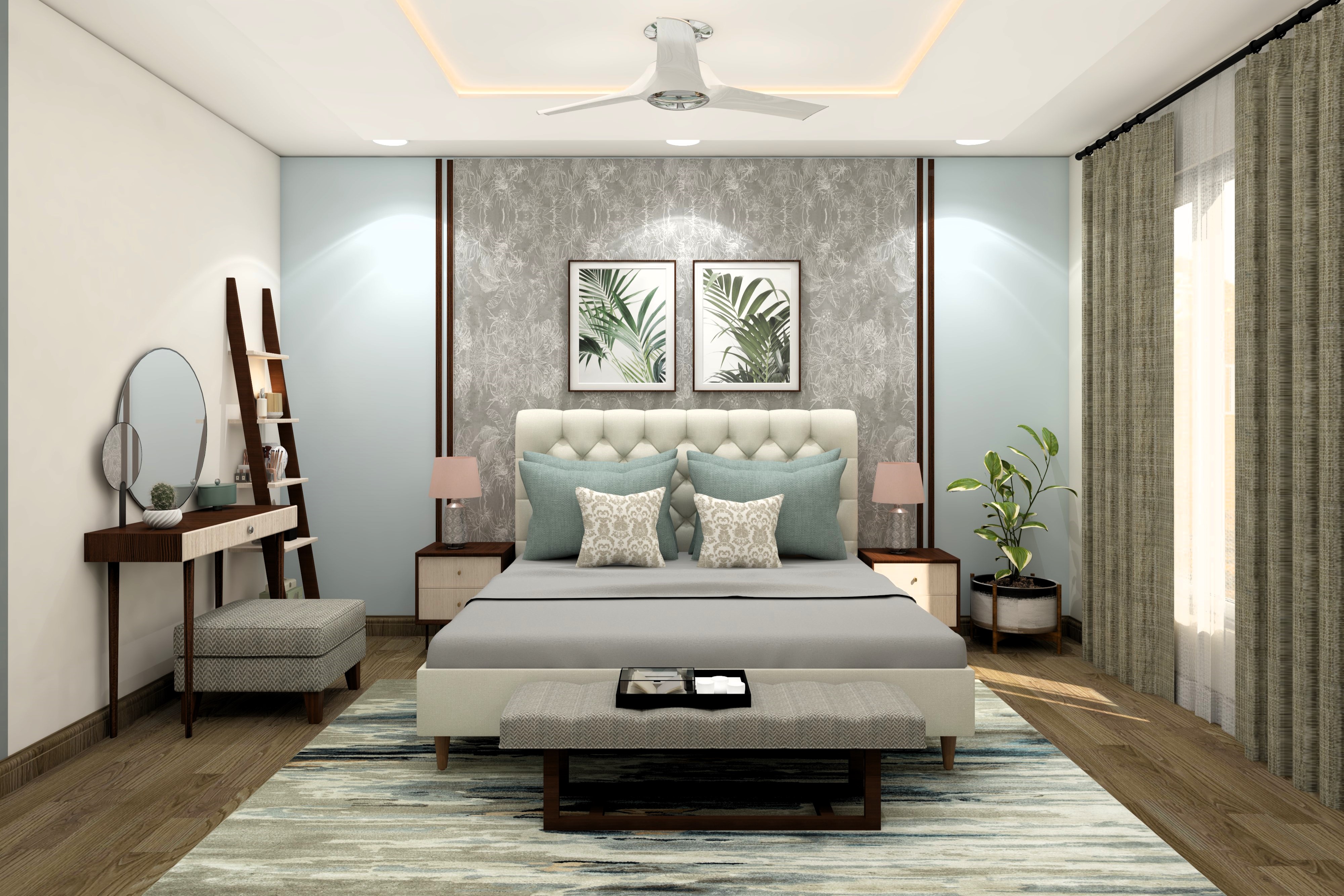 Grey and blue bedroom with tropical theme-Beautiful Homes