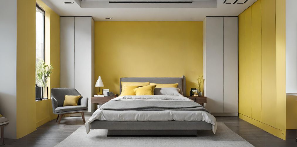 Grey and yellow simple bedroom with white corner wardrobes-Beautiful Homes