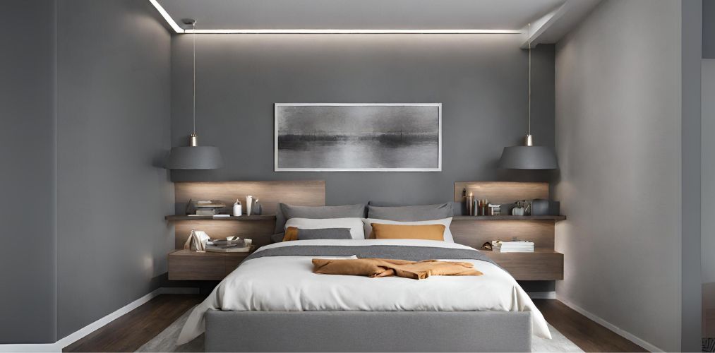 Grey bedroom with a queen size bed and pendant lamps-Beautiful Homes