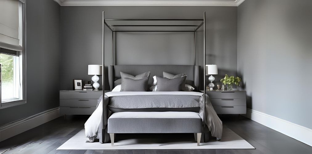 Grey contemporary bedroom with four-poster bed - Beautiful Homes