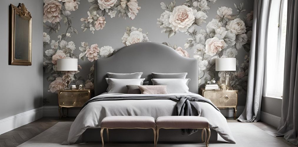 Grey master bedroom with arched headboard and floral wallpaper - Beautiful Homes