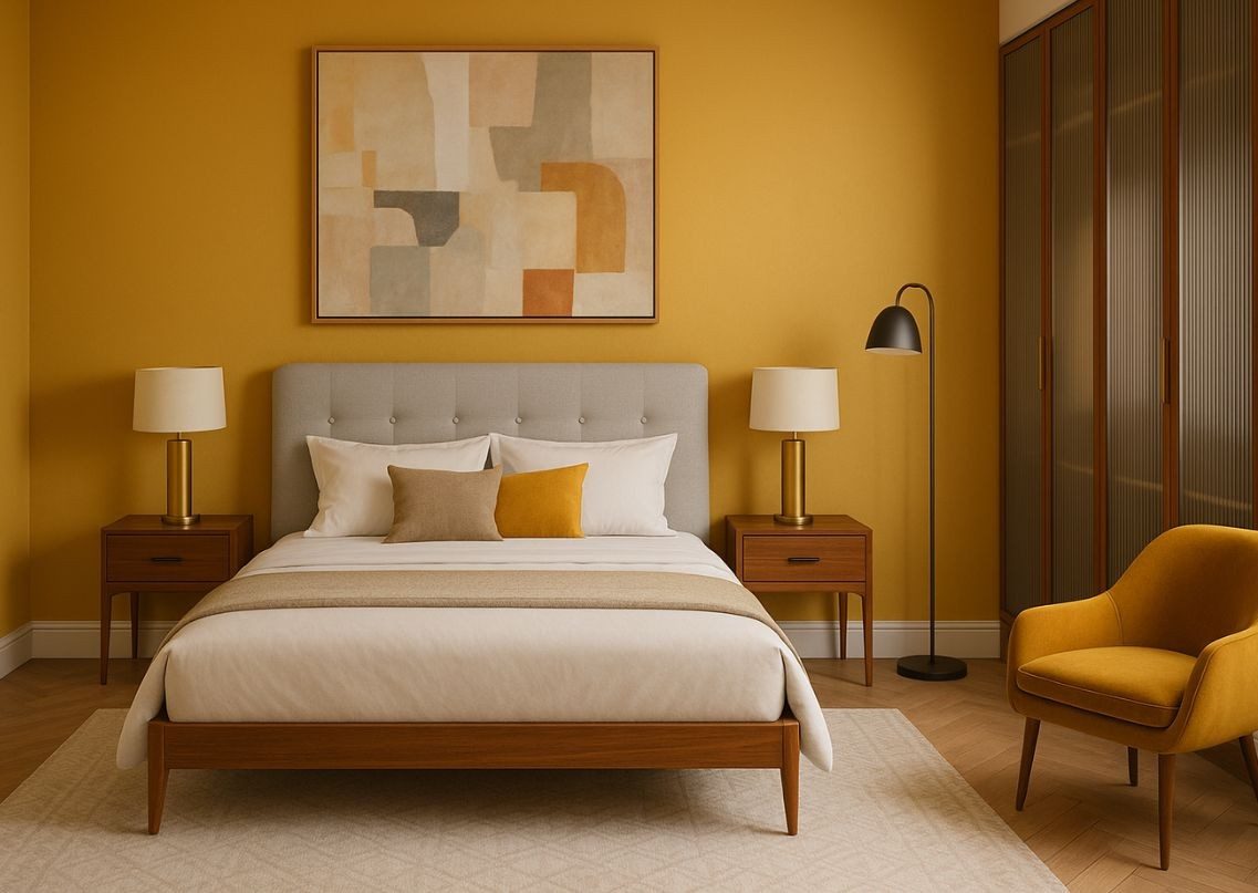 Modern bedroom with yellow walls and grey bed - Beautiful Homes