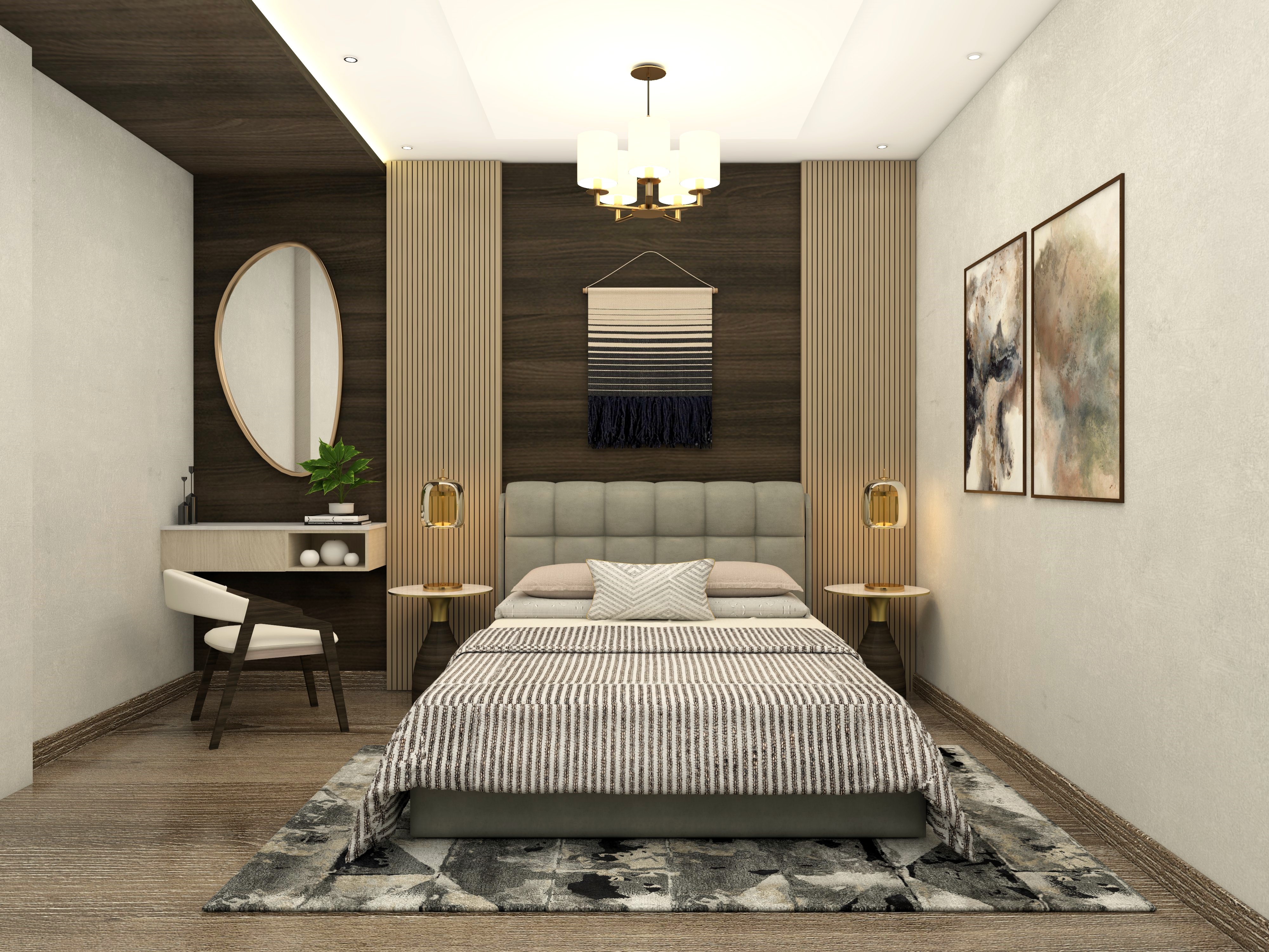 Guest bedroom with grey upholstered bed and dressing table - Beautiful Homes