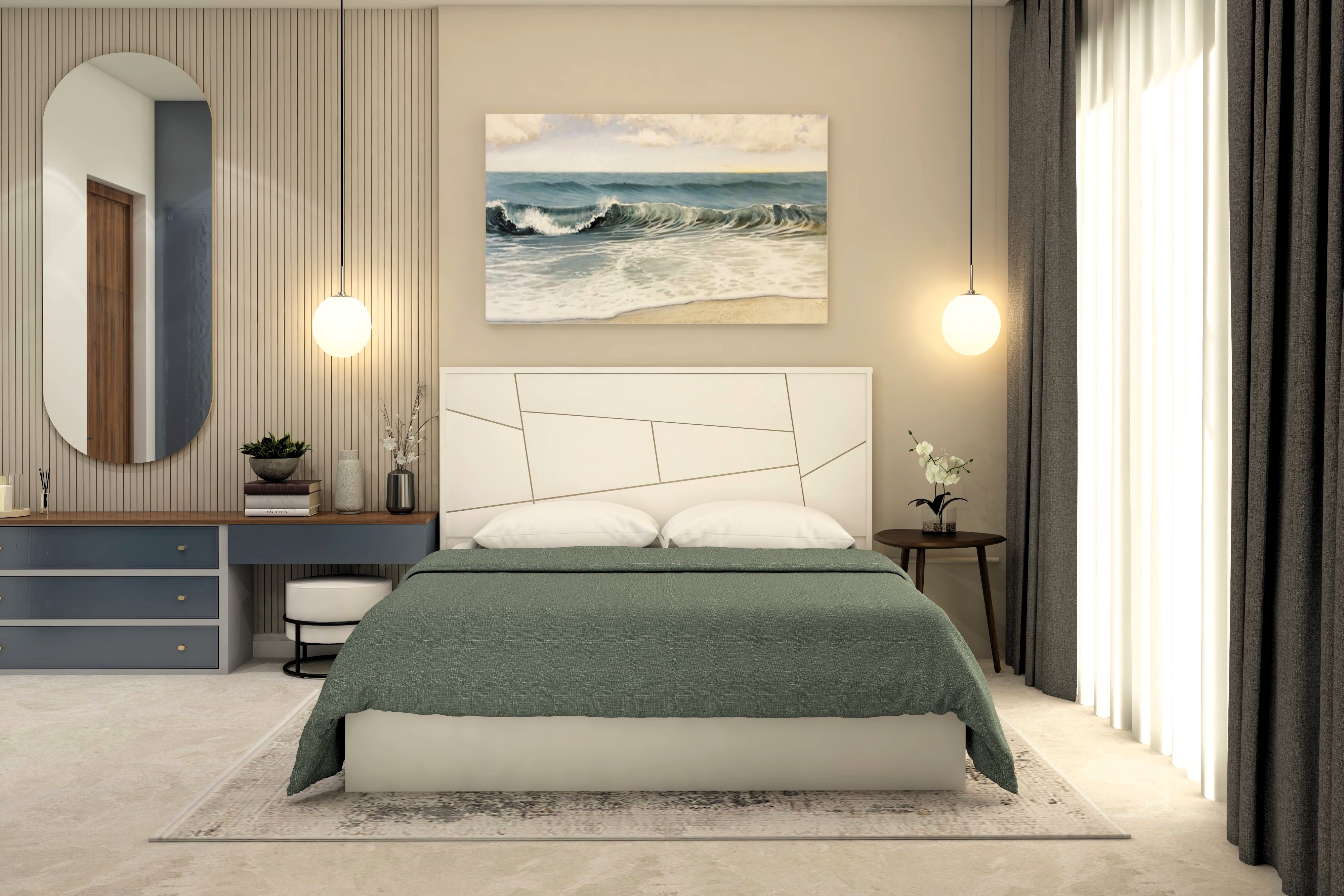 Guest room design with white headboard and capsule mirror-Beautiful Homes