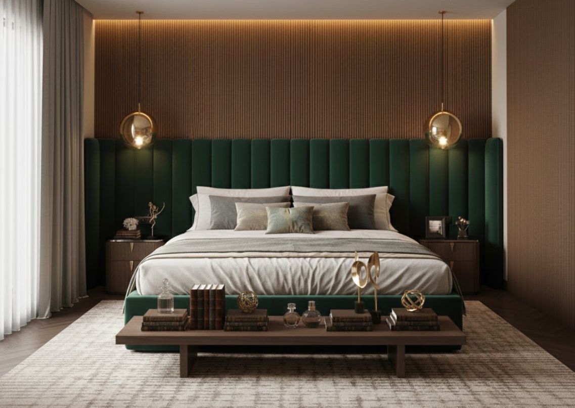 Modern bedroom with green headboard and wooden elements - Beautiful Homes