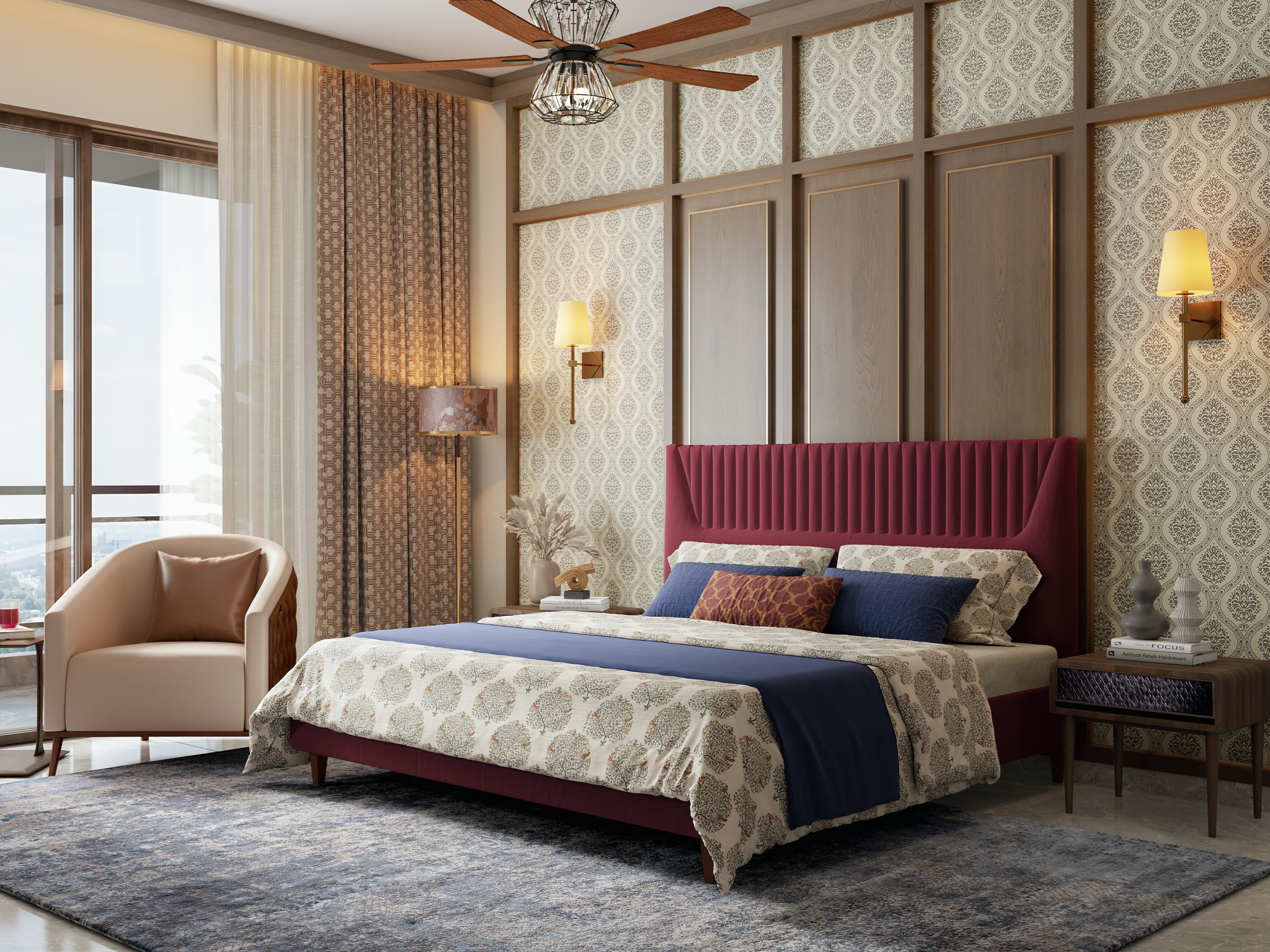 Indian bedroom design with wooden wall paneling with patterned wallpaper - Beautiful Homes