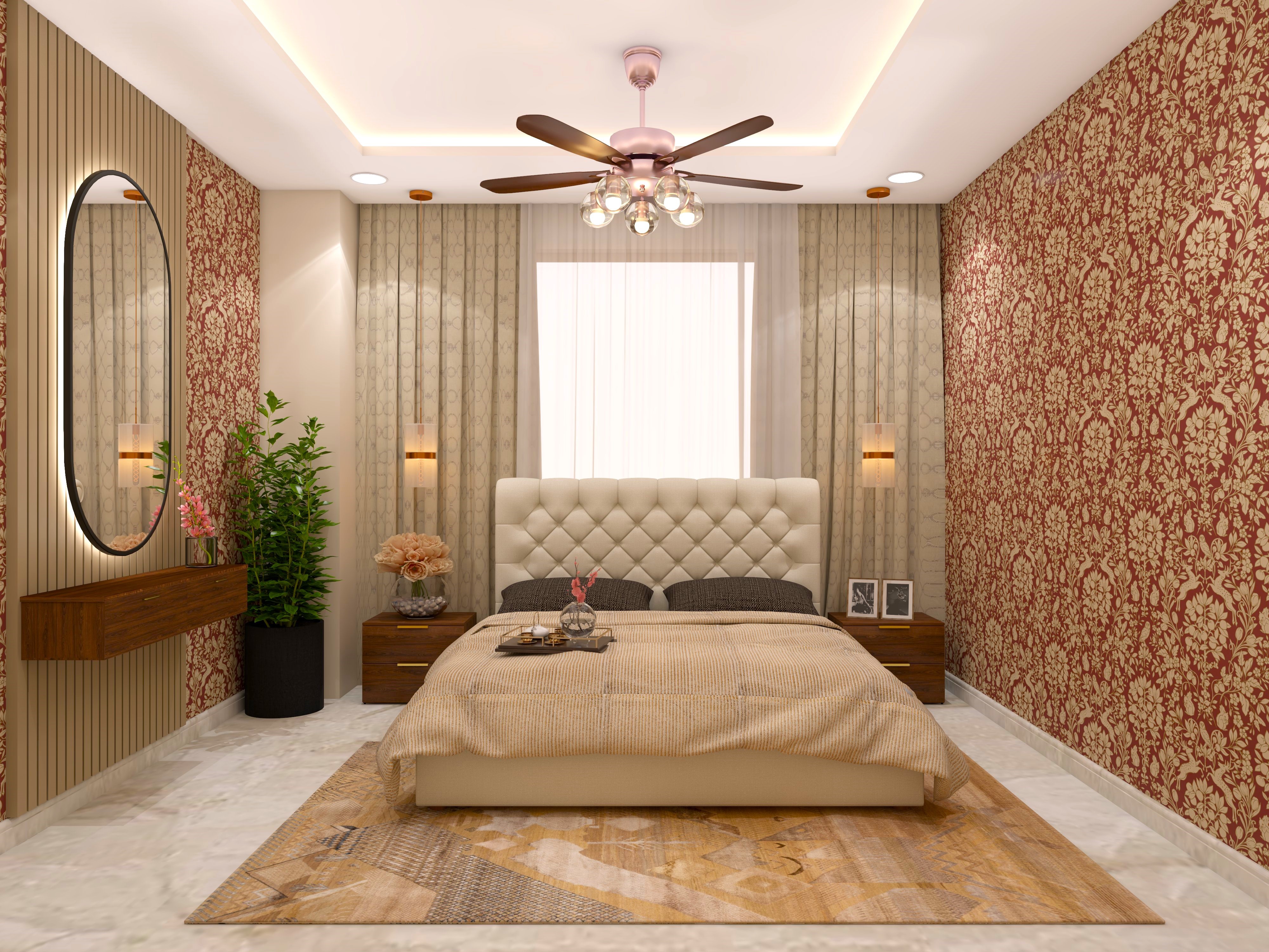 Vibrant Indian bedroom with gold motif wallpaper and tufted bed - Beatuiful Homes