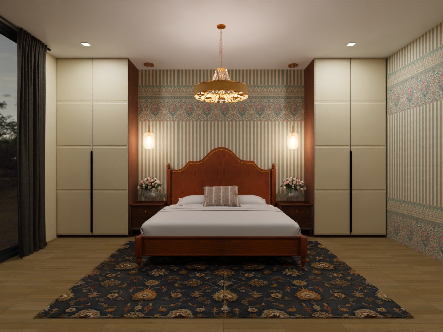 Bedroom with wooden bed, floral wallpaper, and rug - Beautiful Homes