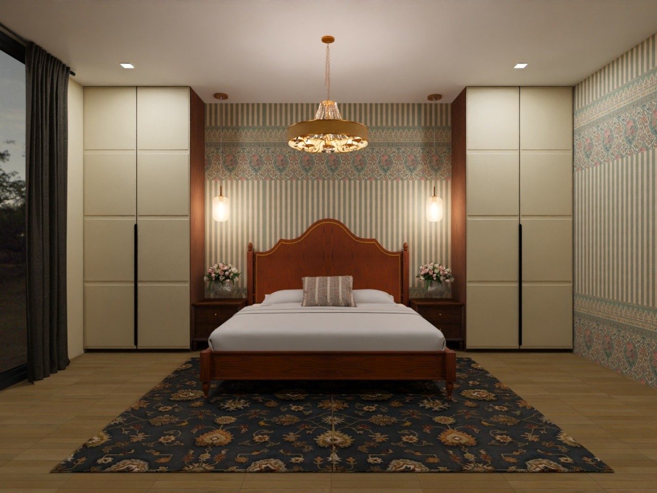Bedroom with wooden bed, floral wallpaper, and rug - Beautiful Homes