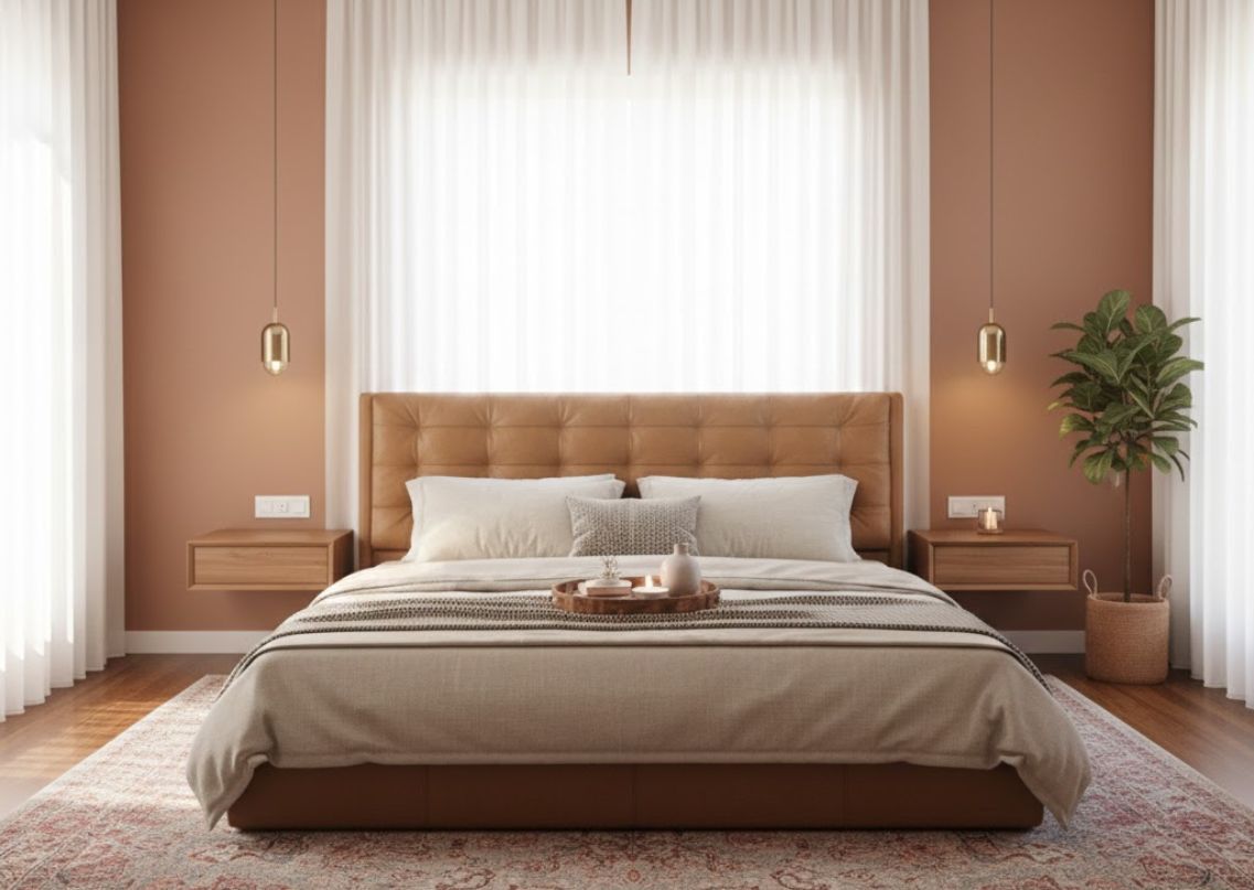 Modern bedroom with plush headboard and décor - Beautiful Homes