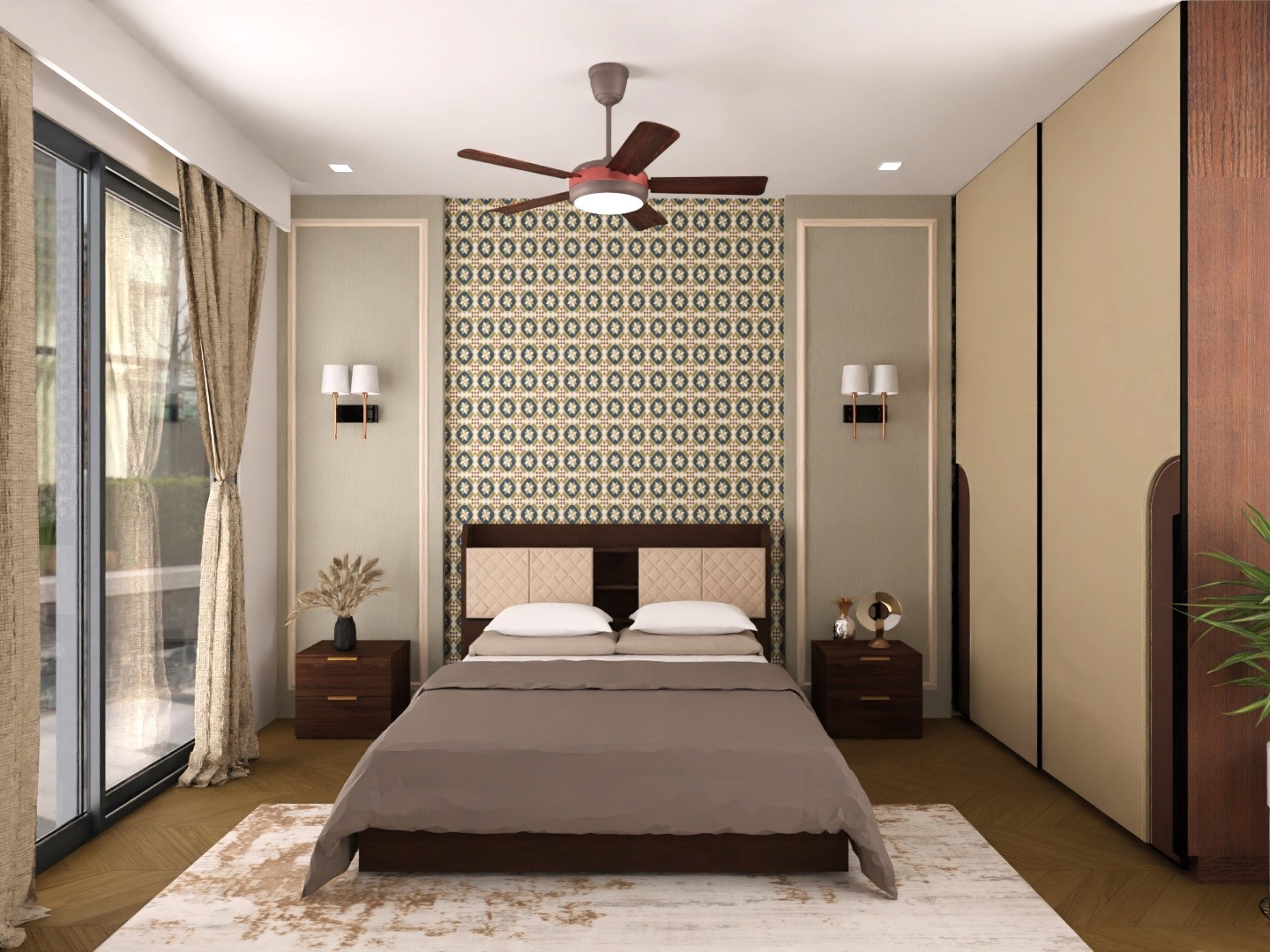 Indian bedroom with wooden flooring and patterned wall - Beautiful Homes