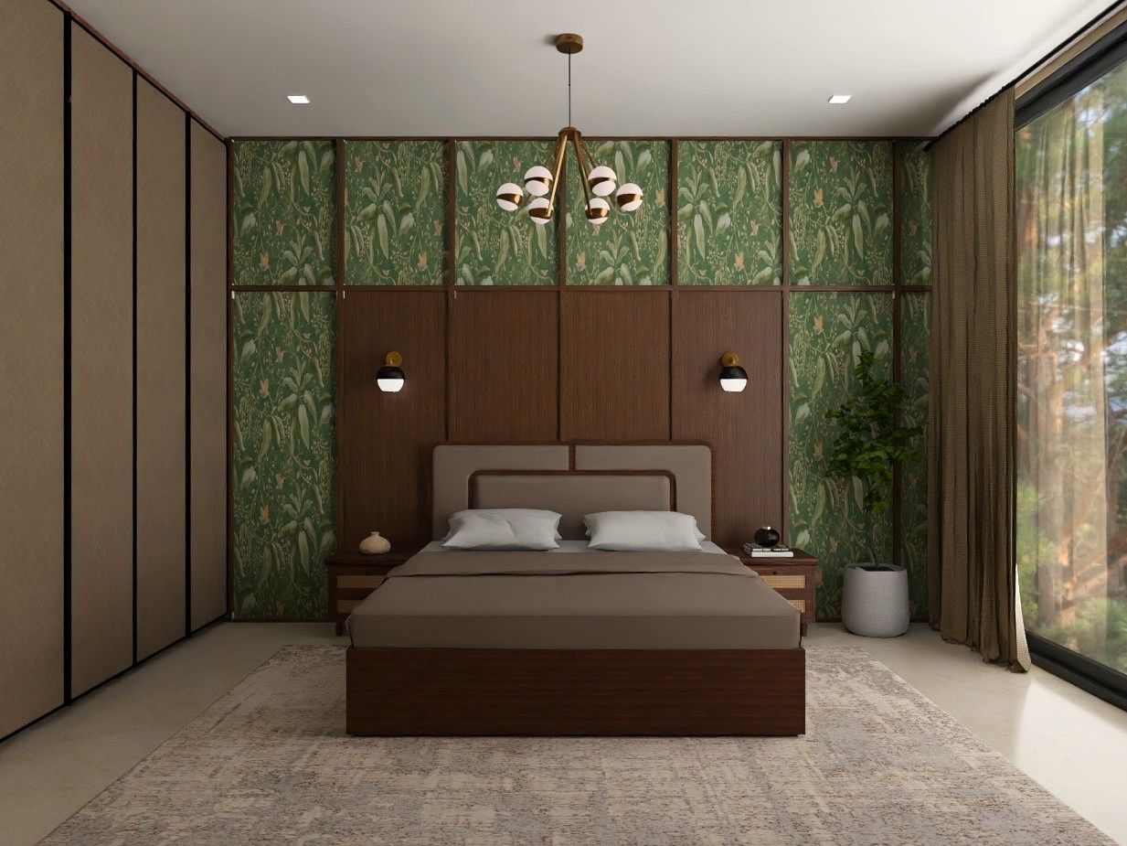 Master bedroom featuring green leaf-patterned wallpaper, wooden paneling, and elegant lighting - Beautiful Homes