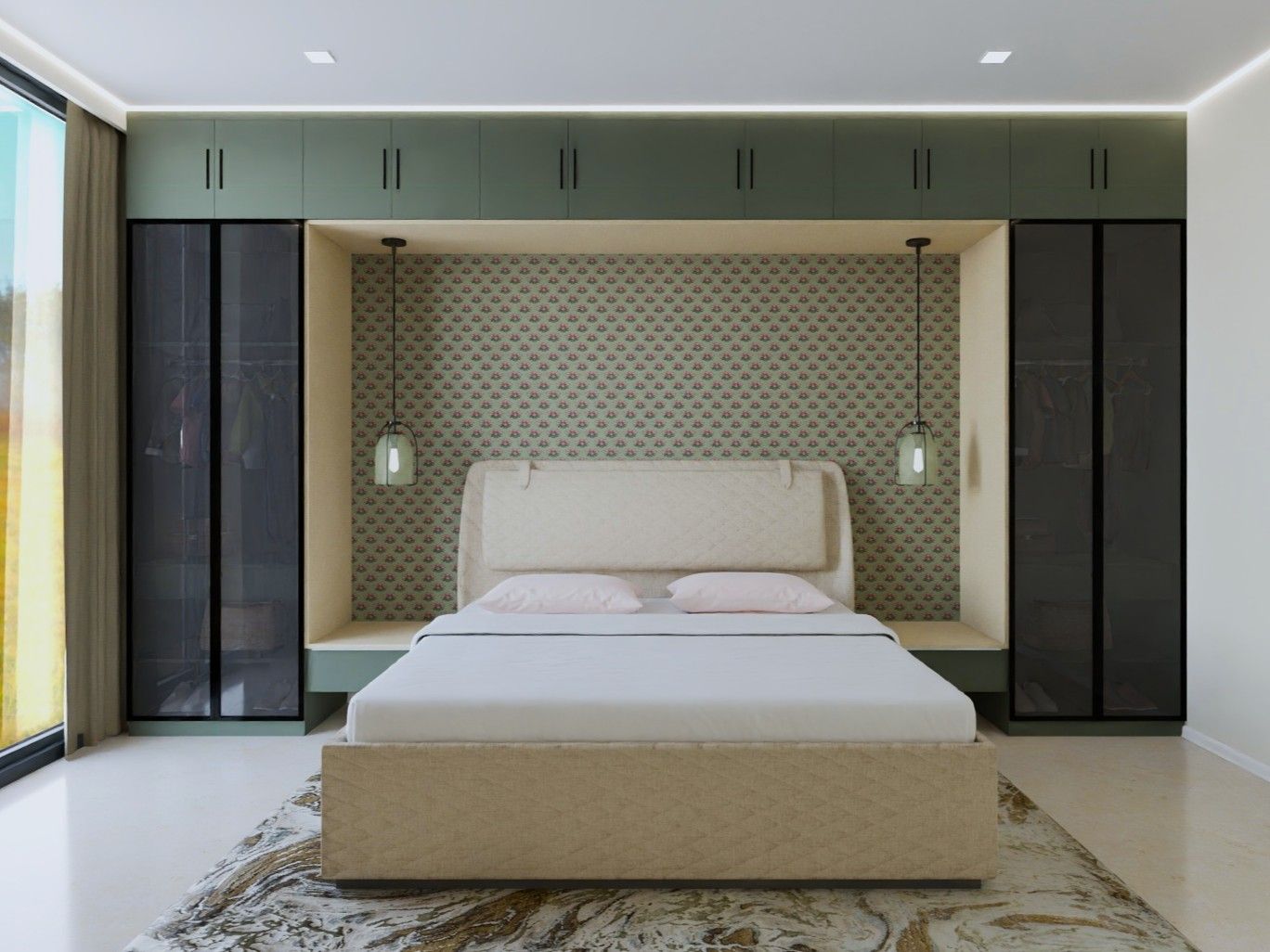 Contemporary bedroom with sage green cabinets, upholstered bed, and pendant lights - Beautiful Homes