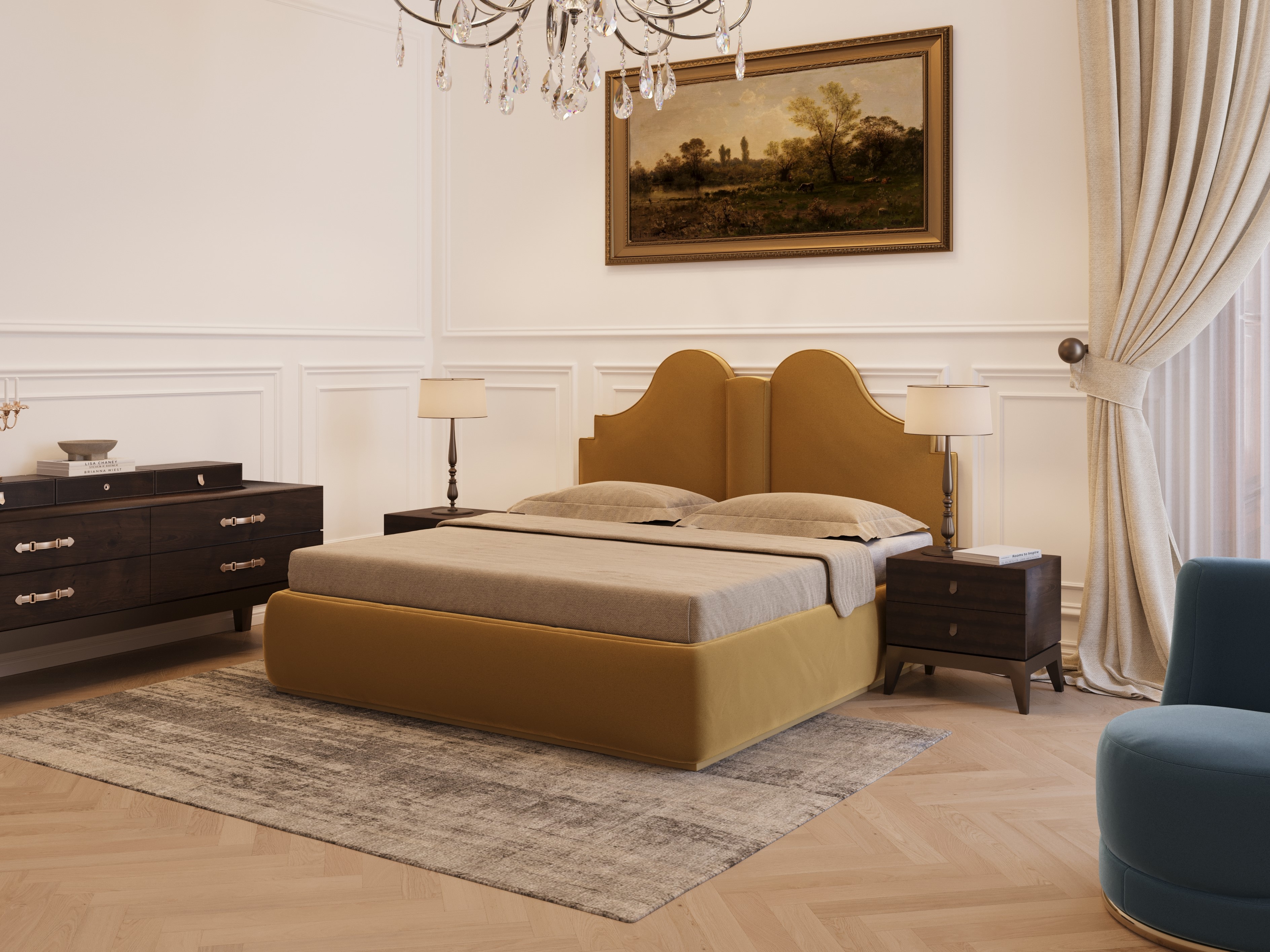 Beige bedroom with chandelier and wooden furniture - Beautiful Homes