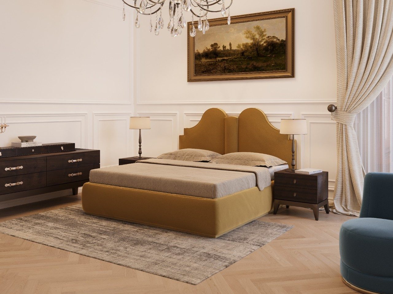 Beige bedroom with chandelier and wooden furniture - Beautiful Homes