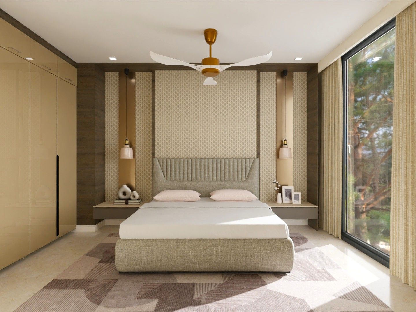 Elegant bedroom featuring a ribbed headboard, pendant lights, and a large window with greenery - Beautiful Home
