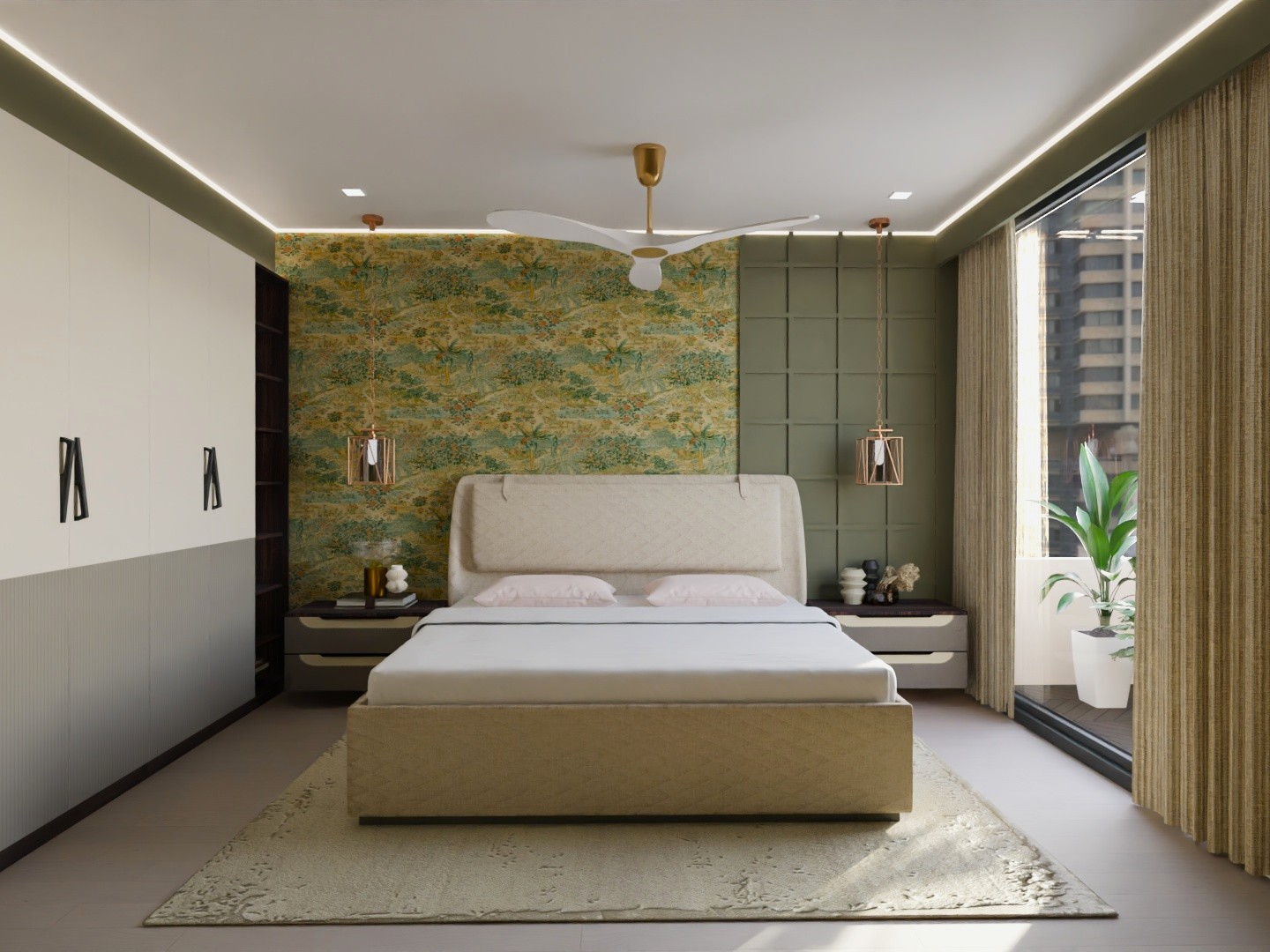Luxurious bedroom with beige bed and green wall - Beautiful Homes