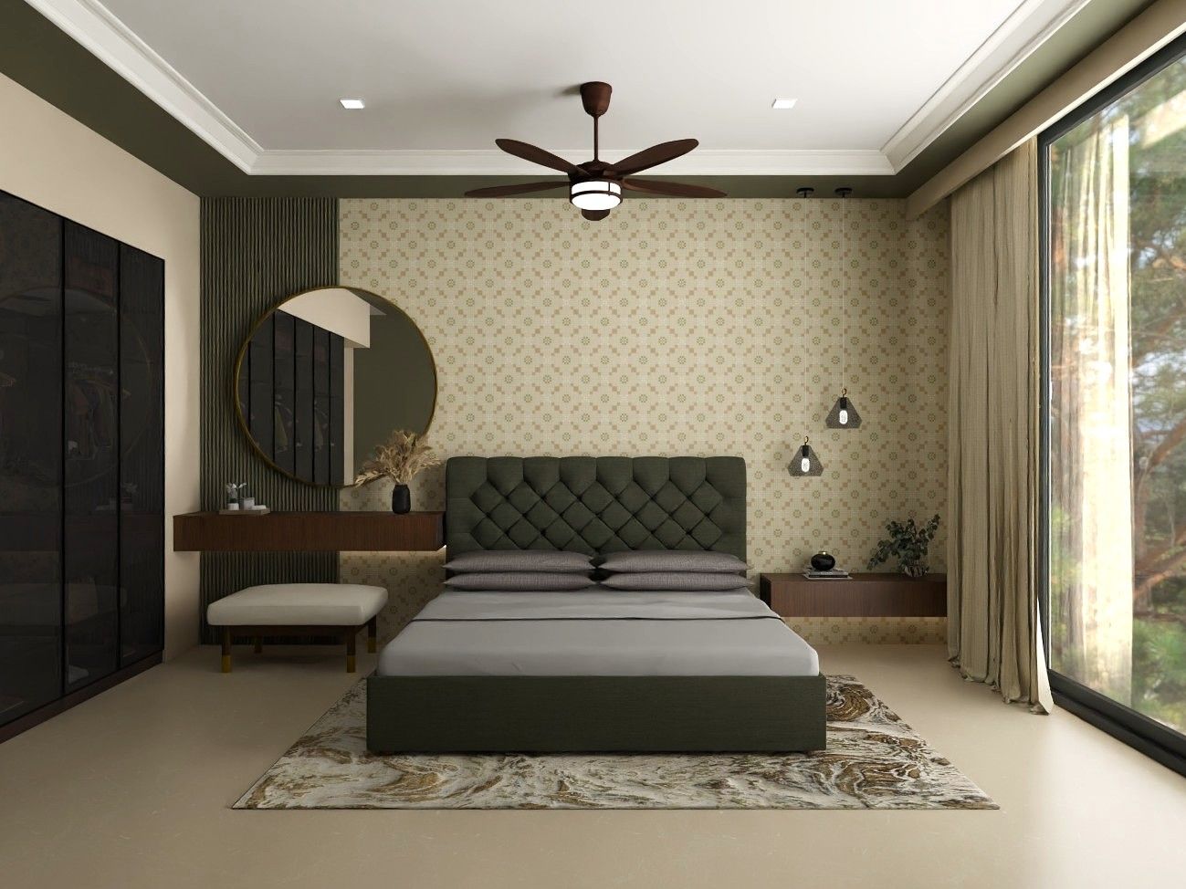 Modern bedroom featuring a dark green tufted bed, geometric wallpaper, and a floating vanity - Beautiful Homes