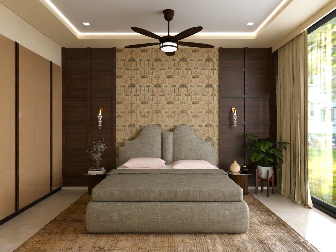 Modern bedroom featuring an olive-green upholstered bed, dark wood accents, and soft lighting - Beautiful Homes