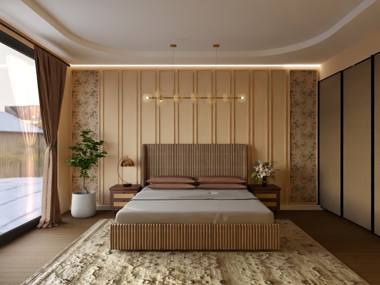 Modern bedroom with wooden furniture and warm lighting - Beautiful Homes