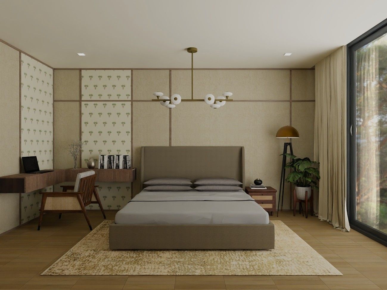 Stylish bedroom featuring a taupe upholstered bed, floating desk, and botanical décor - Beautiful Homes