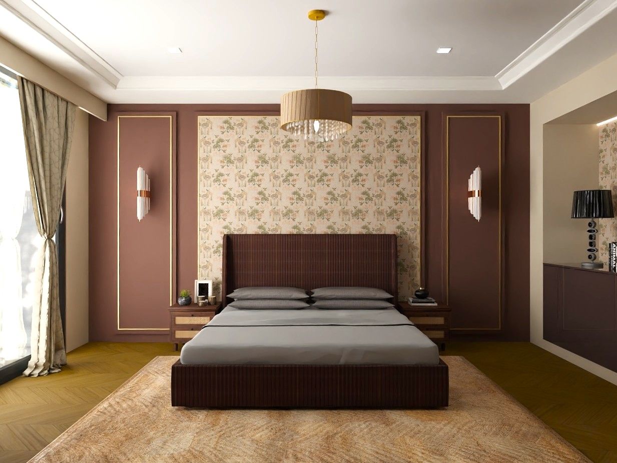 Sophisticated bedroom featuring a slatted bed, patterned wallpaper, and gold accents - Beautiful Homes