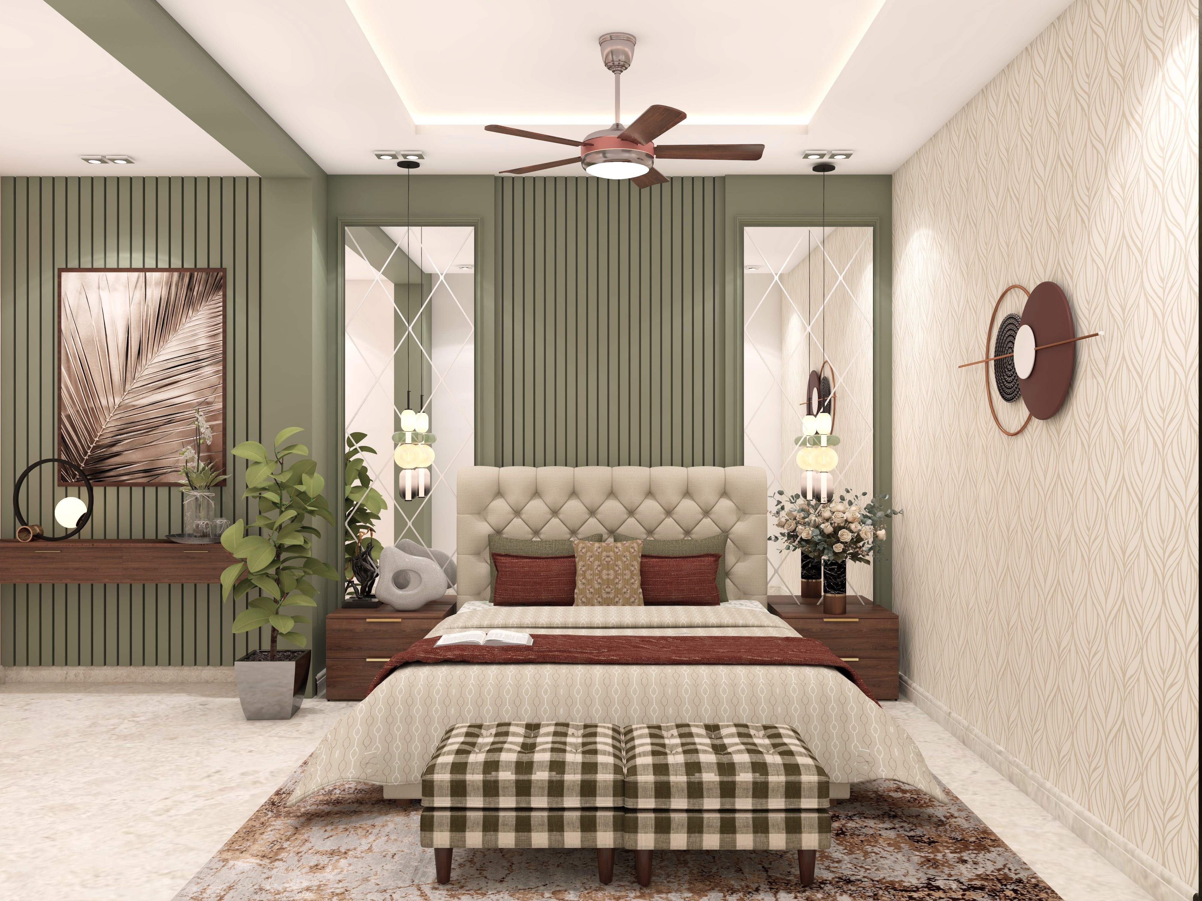 Modern bedroom with green wall and tufted bed - Beautiful Homes
