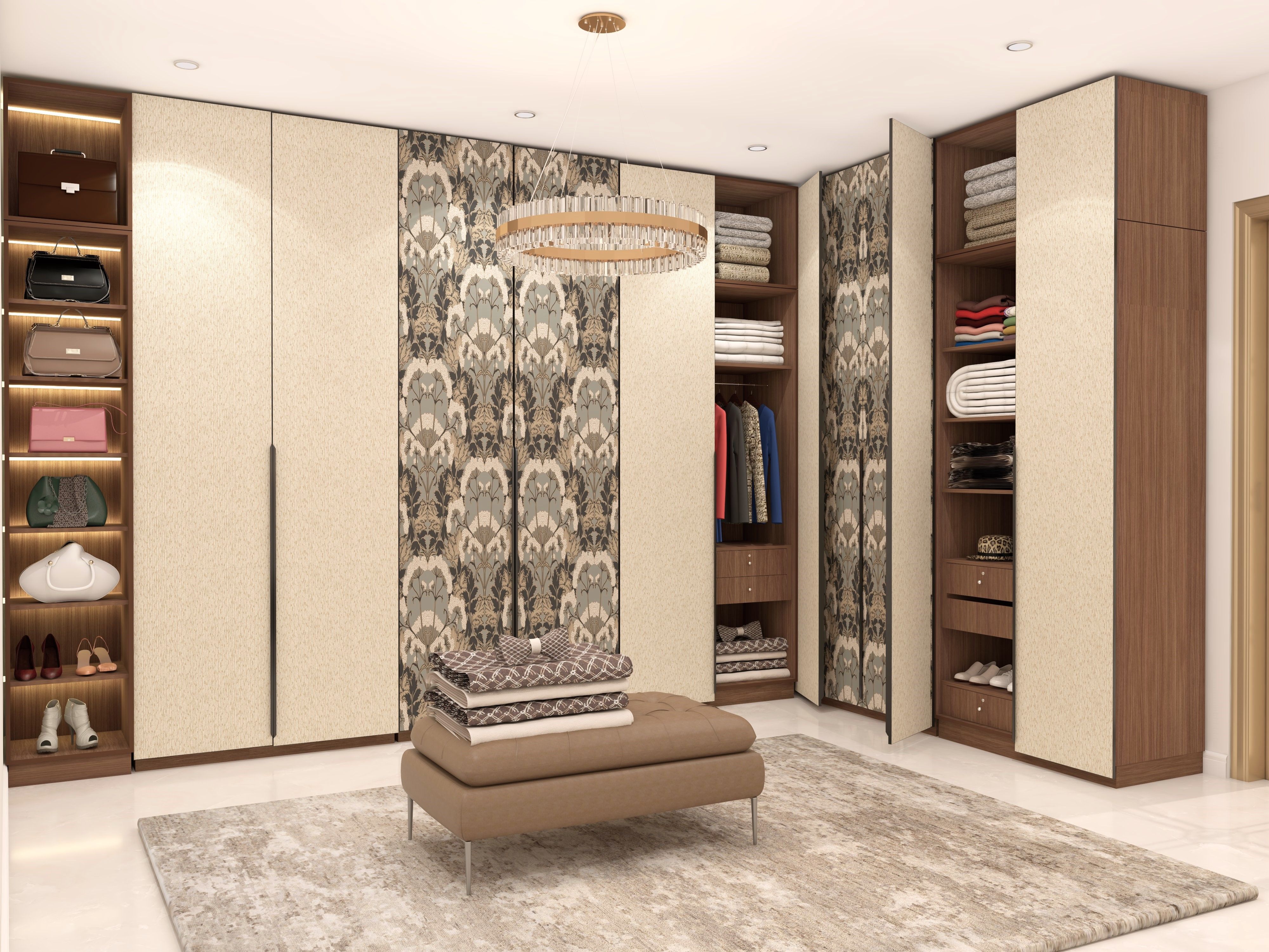 Stylish closet featuring open shelves, patterned panels, and a tufted ottoman - Beautiful Homes