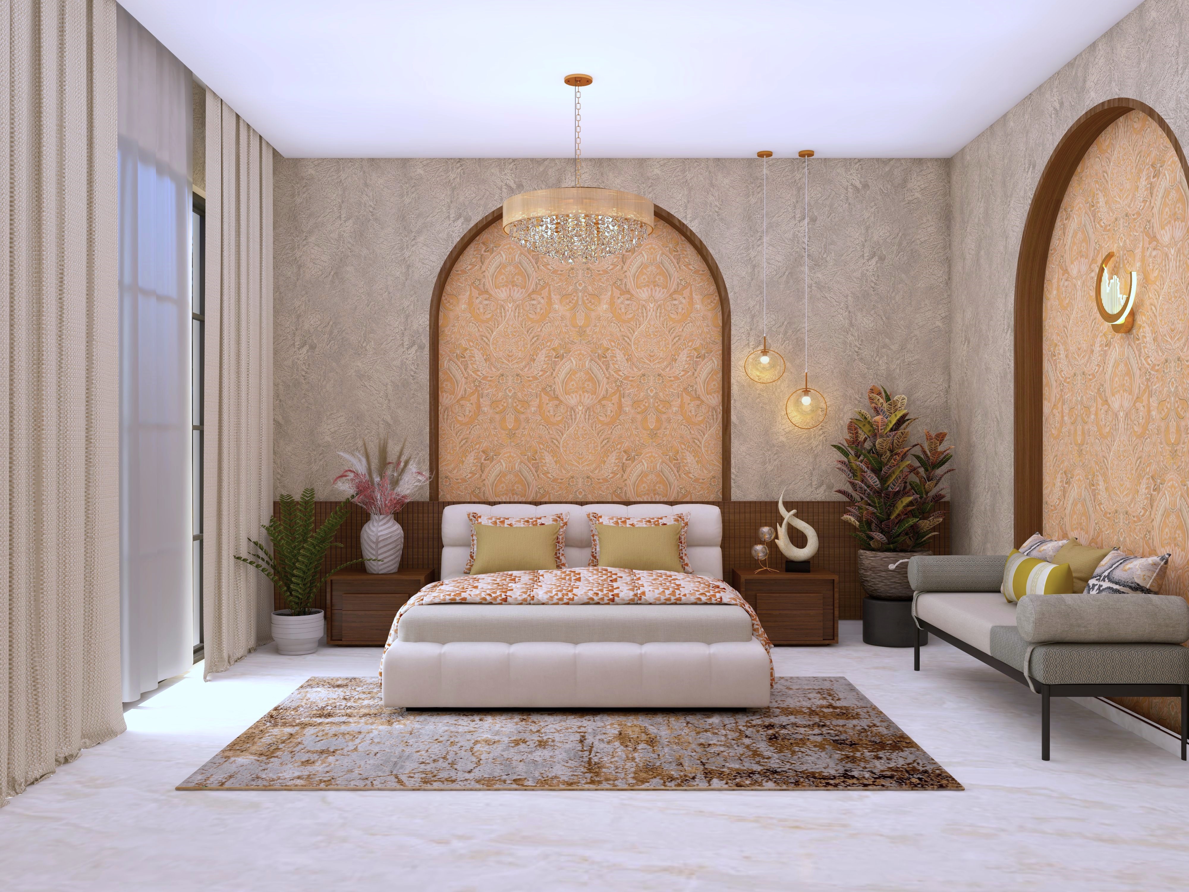 Warm modern bedroom with chandelier lighting - Beautiful Homes