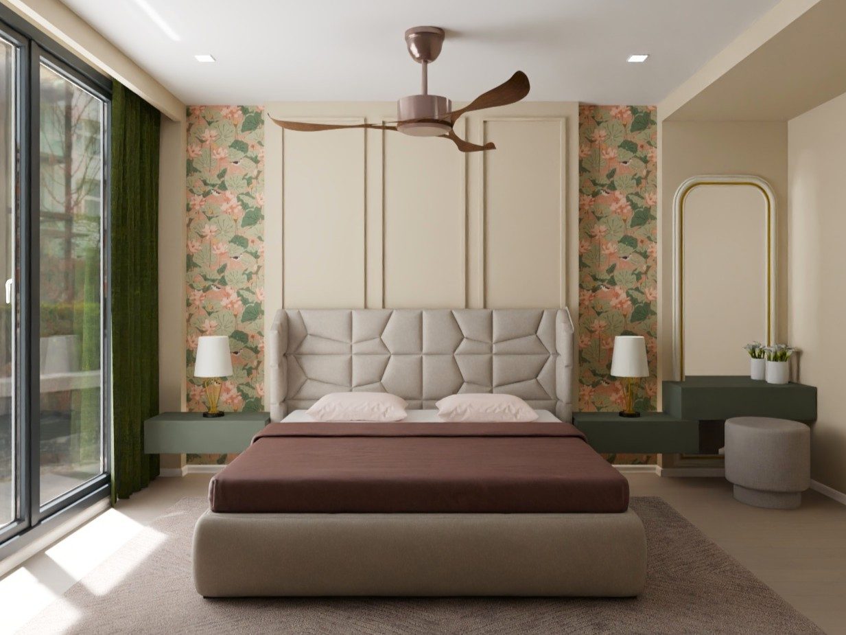 Modern bedroom with floral wall and upholstered headboard - Beautiful Homes