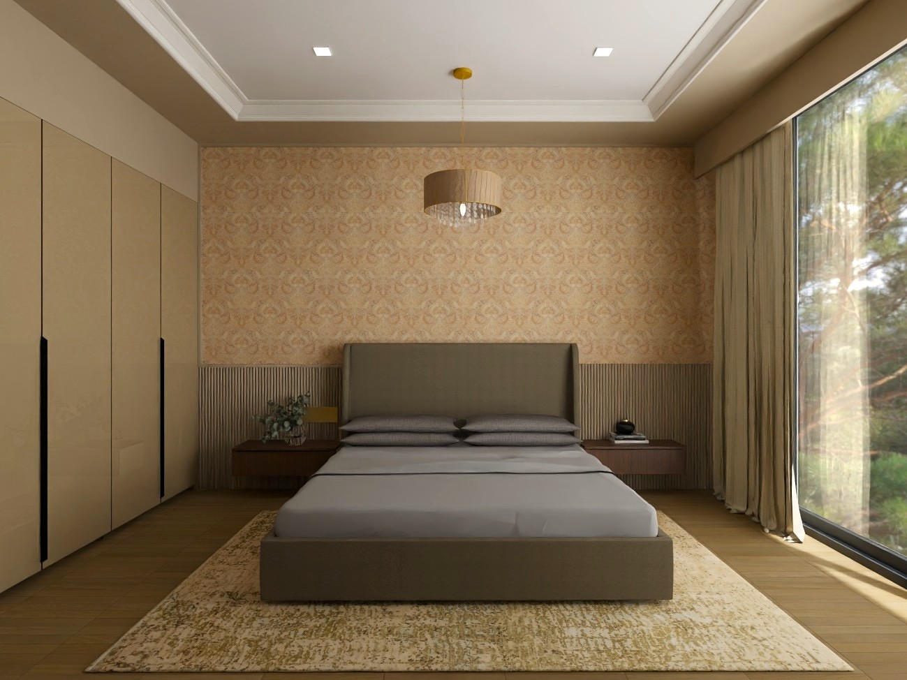 Modern bedroom with grey bed and warm décor - Beautiful Homes