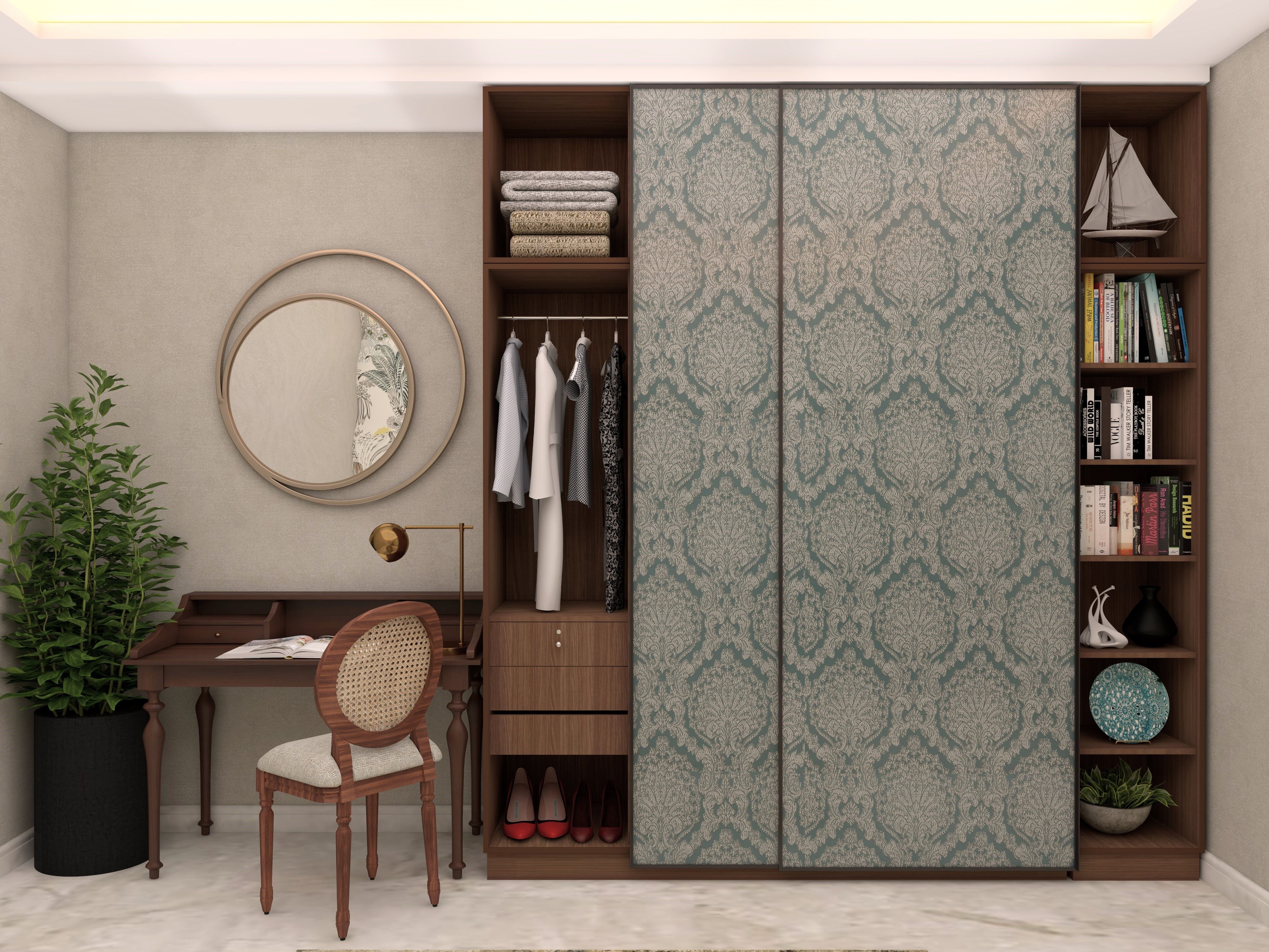 Modern room featuring a teal-patterned wardrobe, organized shelves, and a wooden study desk - Beautiful Homes