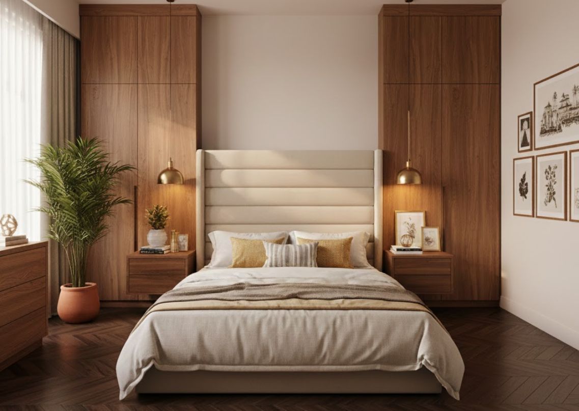 Modern bedroom with wooden wardrobe and gold lights - Beautiful Homes